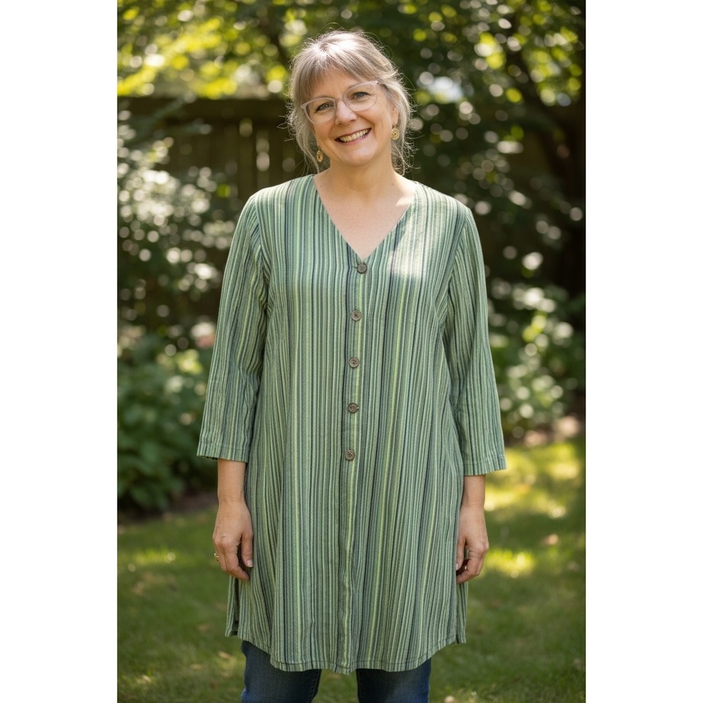 Roamans Green Stripe Button Front V-Neck Tunic 18W Linen Blend Duster Lagenloook